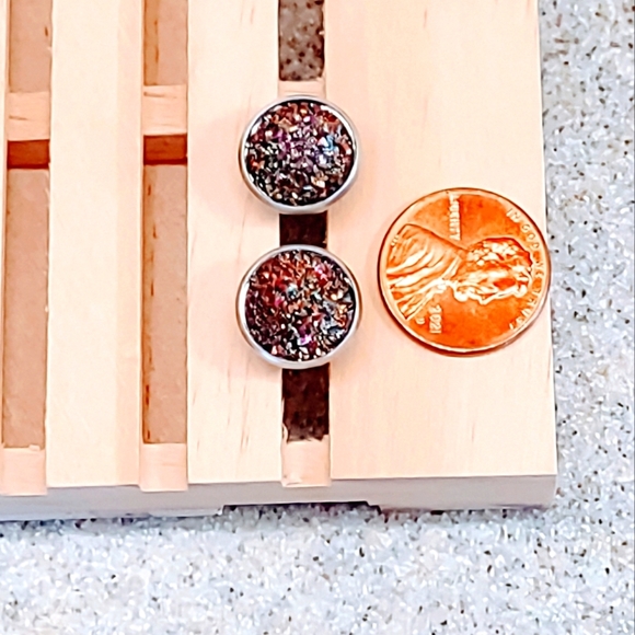 DRUZY PEACOCK AGATE  12mm PIERCED STAINLESS STEEL EARRINGS GIFT BOX INCLUDED - Picture 2 of 5